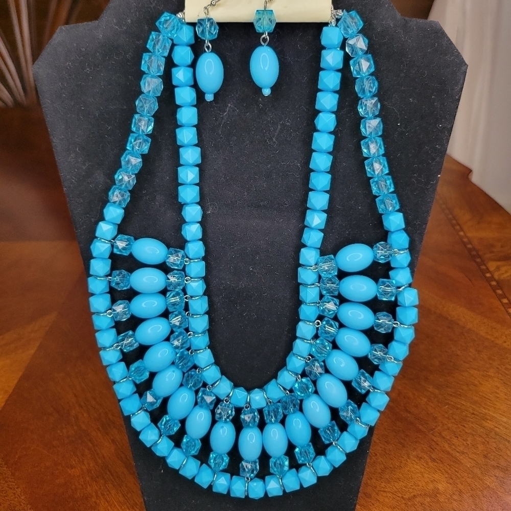 Plastic Turqoise Blue Multi Layered  Beaded Necklace Set